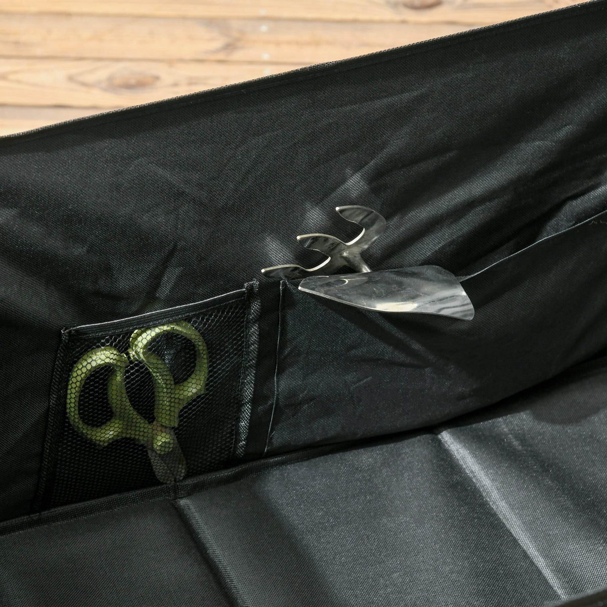 Black Oxford fabric wagon cart side panel with reinforced seams and mesh pocket