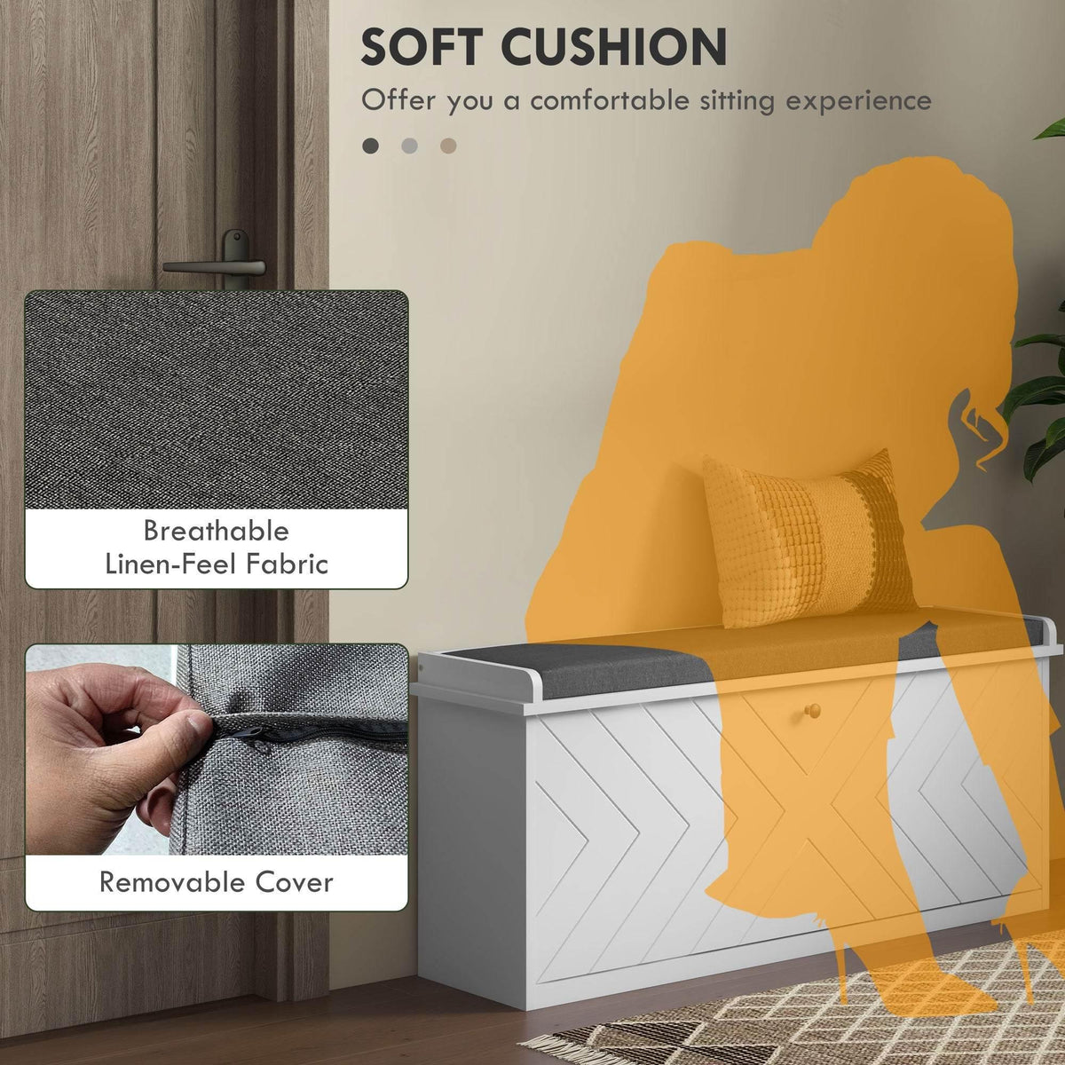 Shoe storage bench with gray linen-look cushion and removable cover on the front panel.