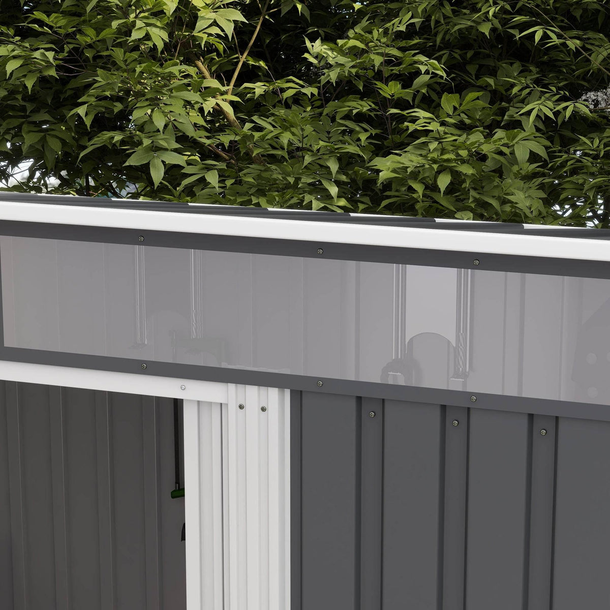 Gray and white metal shed wall with vent openings and vertical ridged panels