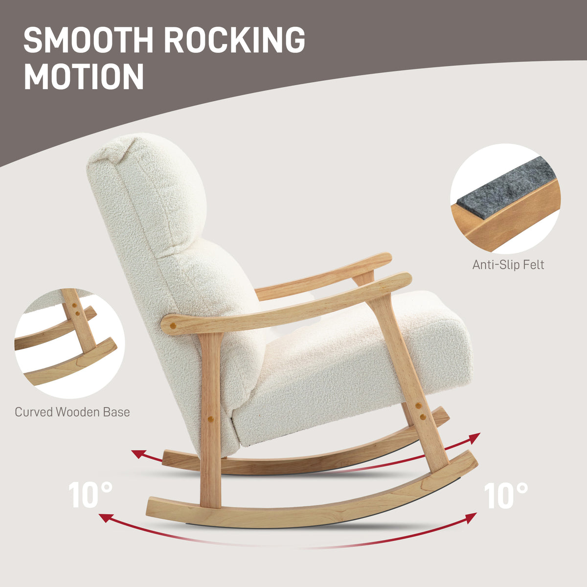 Cream nursing rocking chair close-up of curved wooden base for smooth rocking motion