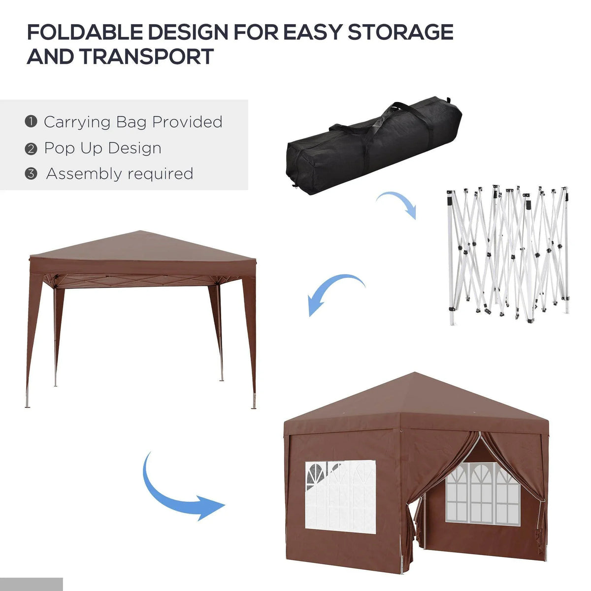 Coffee-brown pop-up gazebo shown with foldable frame, ropes, and storage carrying bag