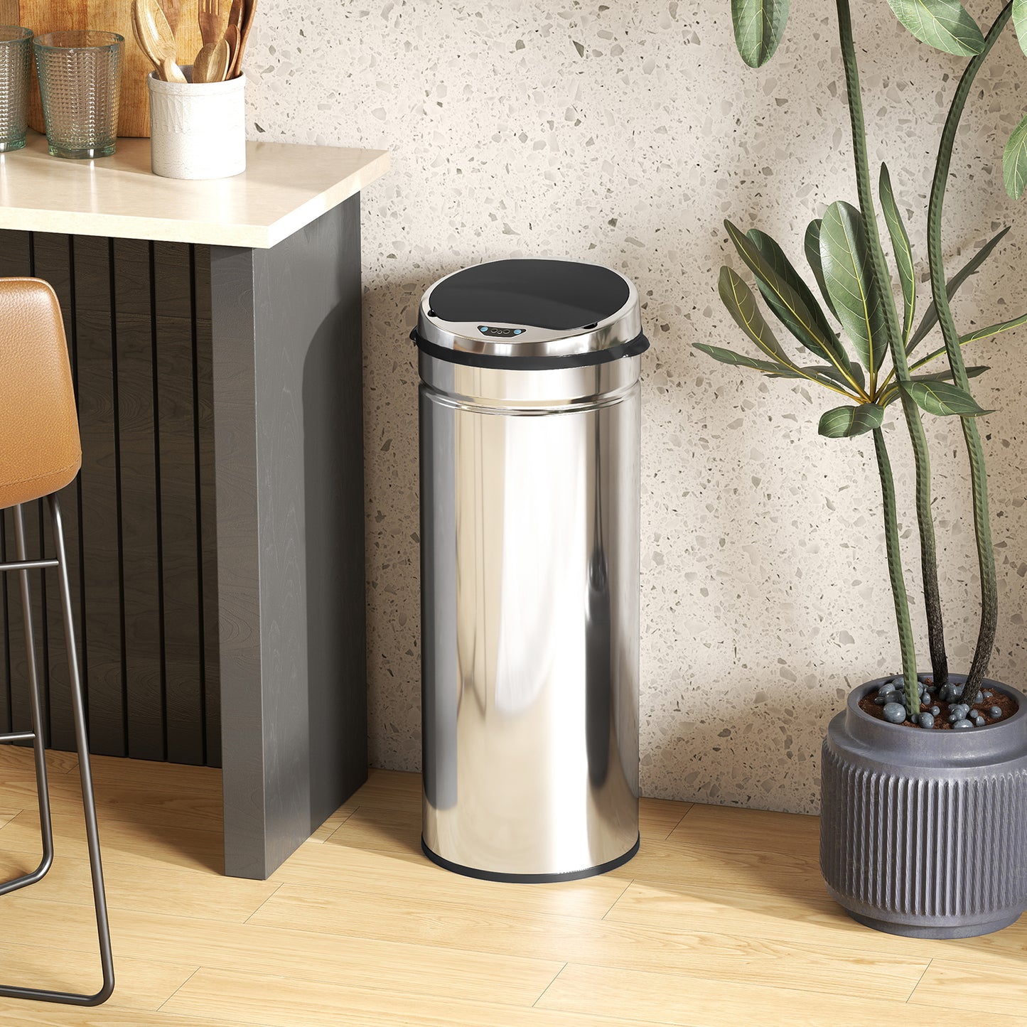 HOMCOM 50L Stainless Steel Trash Bin With Touchless Motion Sensor And Soft Close Lid Removable Inner Bucket