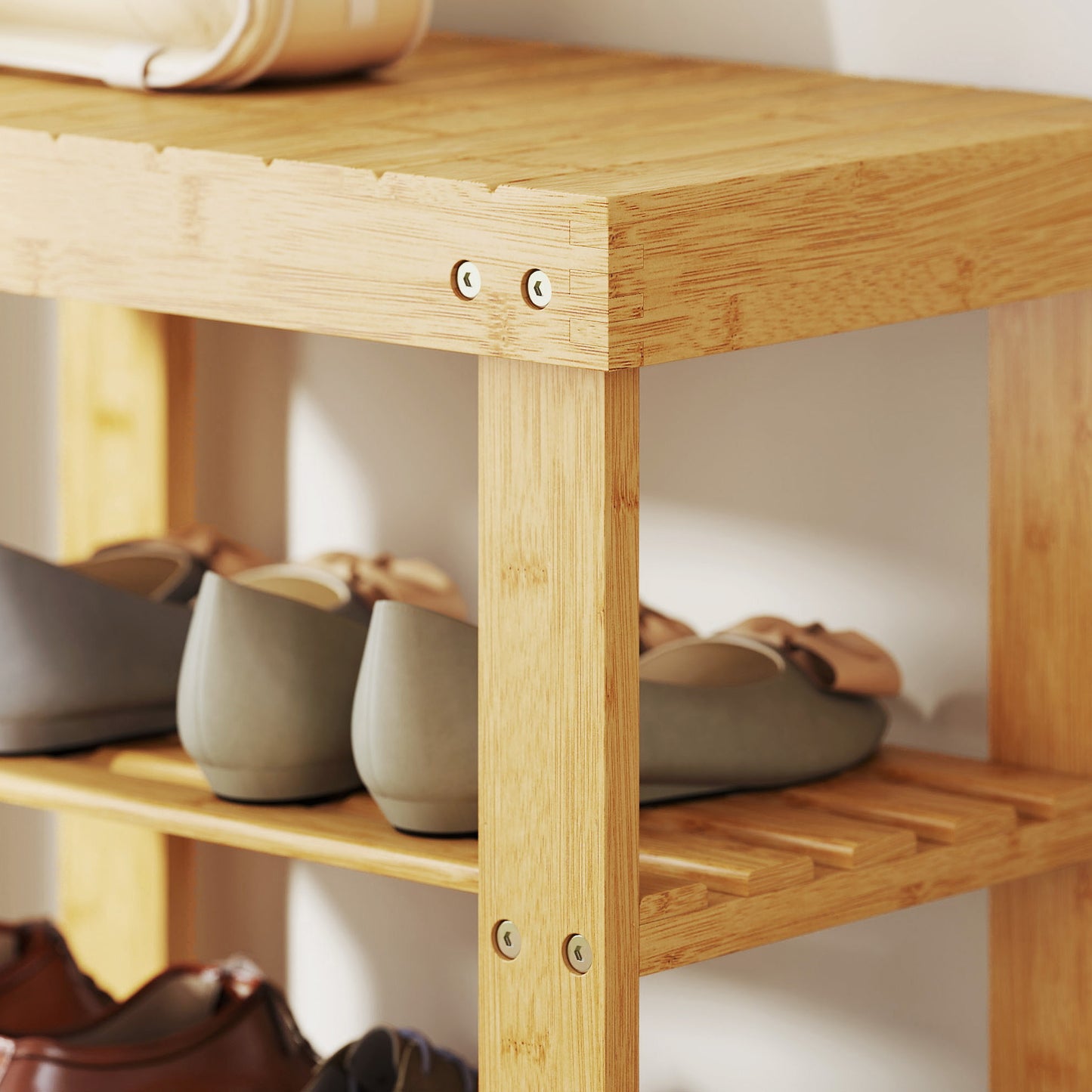 HOMCOM Two Shelf Bamboo Shoe Storage Bench in Natural Finish Holds Four Pairs of Shoes