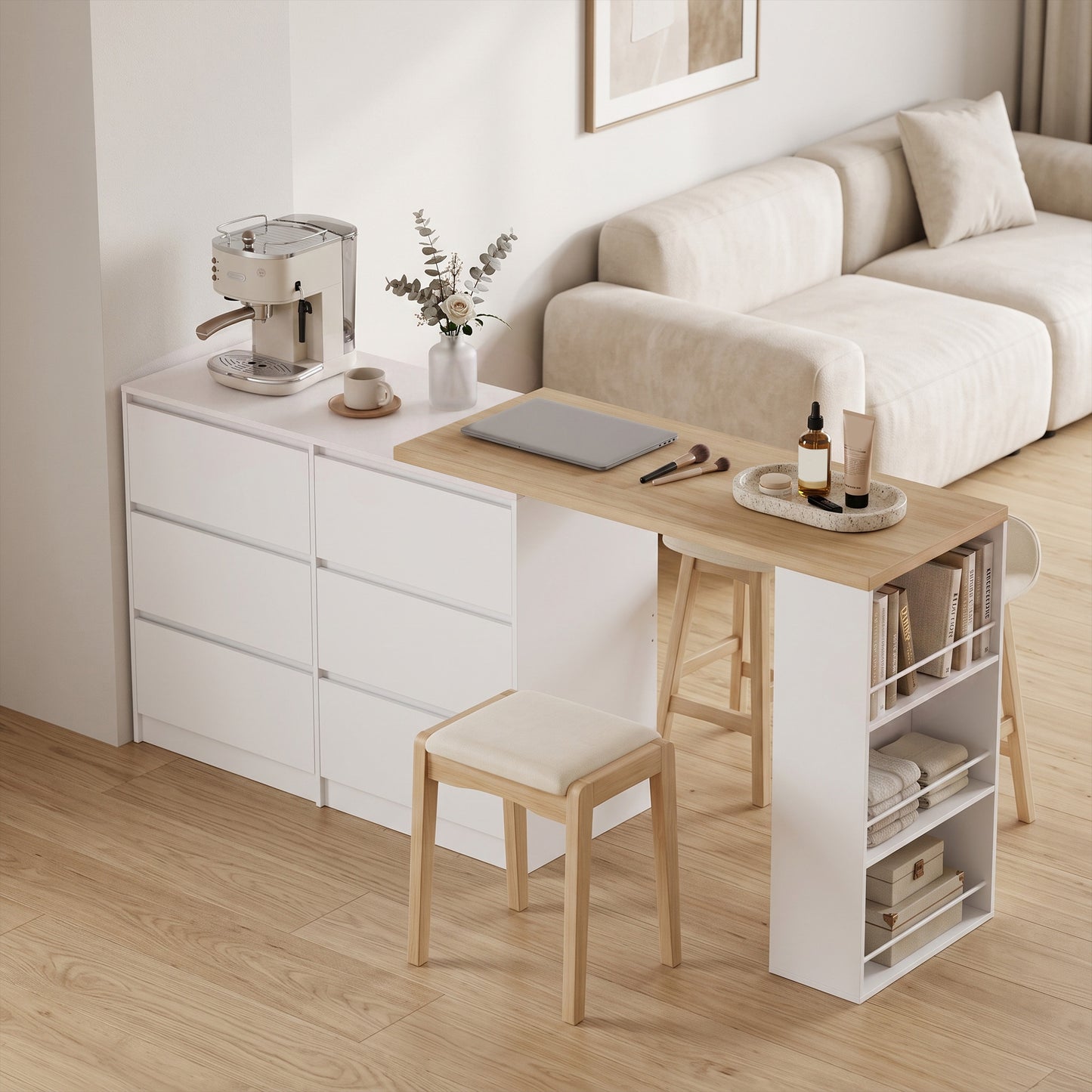 HOMCOM Vanity Table with 6 Drawers and 3 Tier Shelf White Convertible Dressing Table for Corner or Open Wall