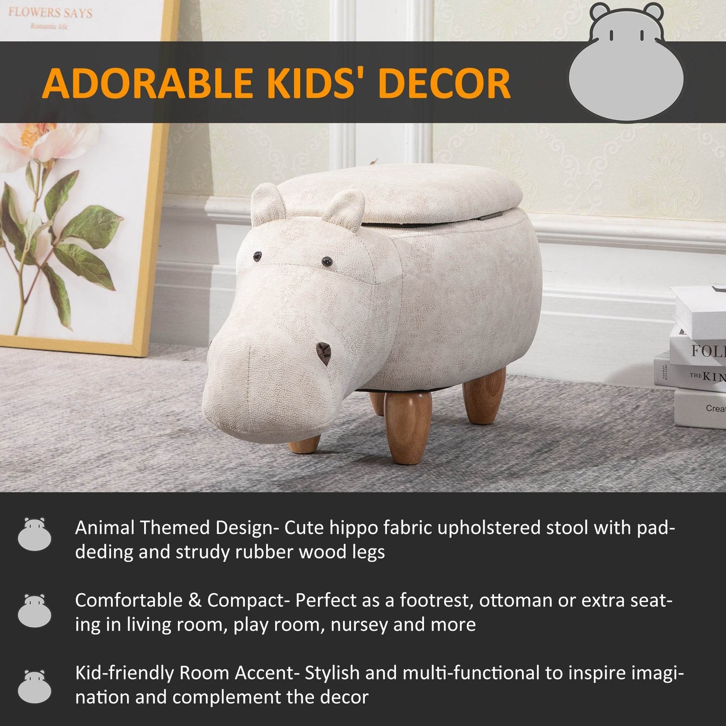 HOMCOM Hippo Storage Stool Cute Decoration Footrest Cream Ottoman Animal Furniture Wood Frame Legs Padding Lid 36 x 65cm - ALL4U RETAILER LTD