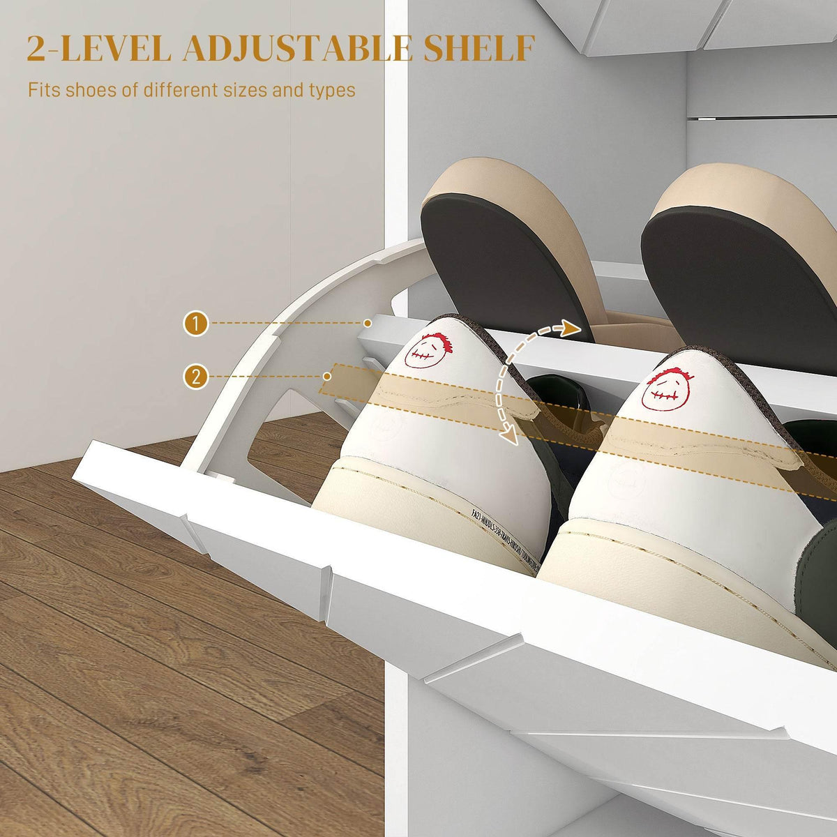 White shoe cabinet interior shelf with angled divider to hold shoes upright and separated.