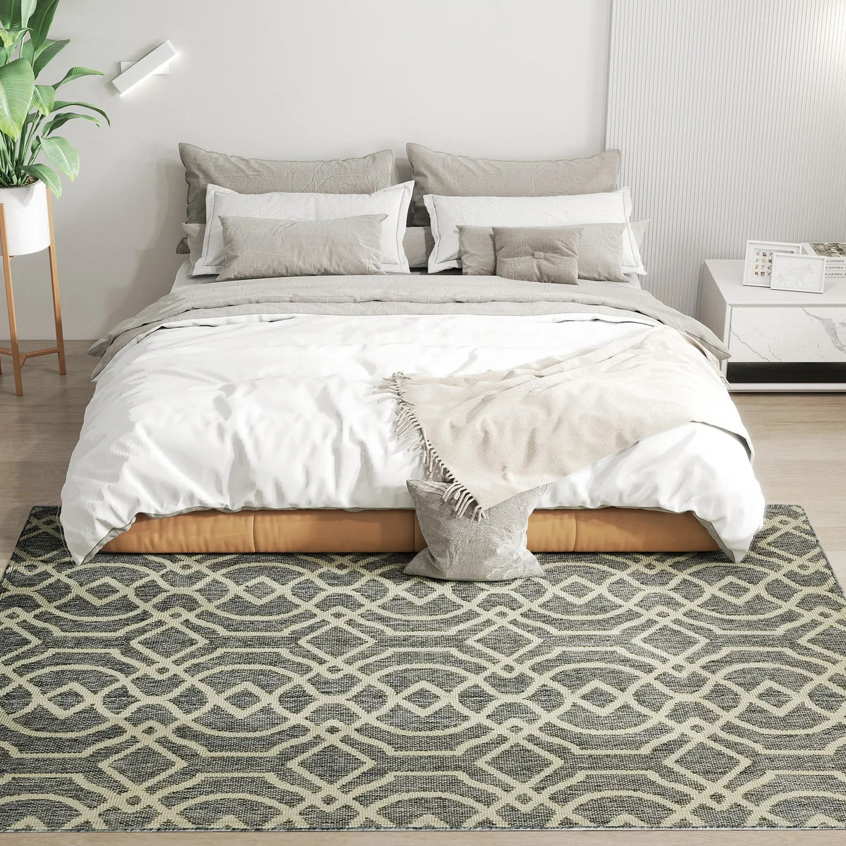 Grey geometric area rug with repeating lattice pattern; UV-resistant, machine washable.
