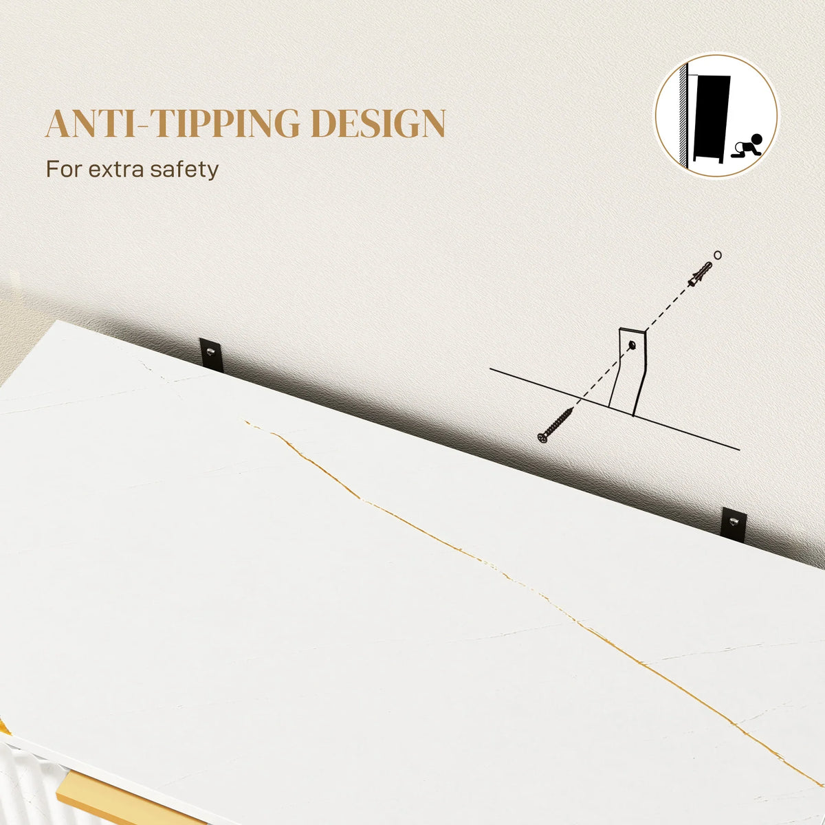 White sideboard cabinet with anti-tipping wall bracket and safety straps