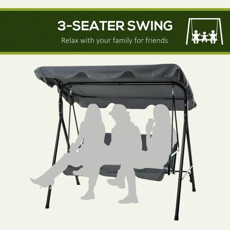 Grey 3-seat swing chair with adjustable canopy and thick padded bench cushions