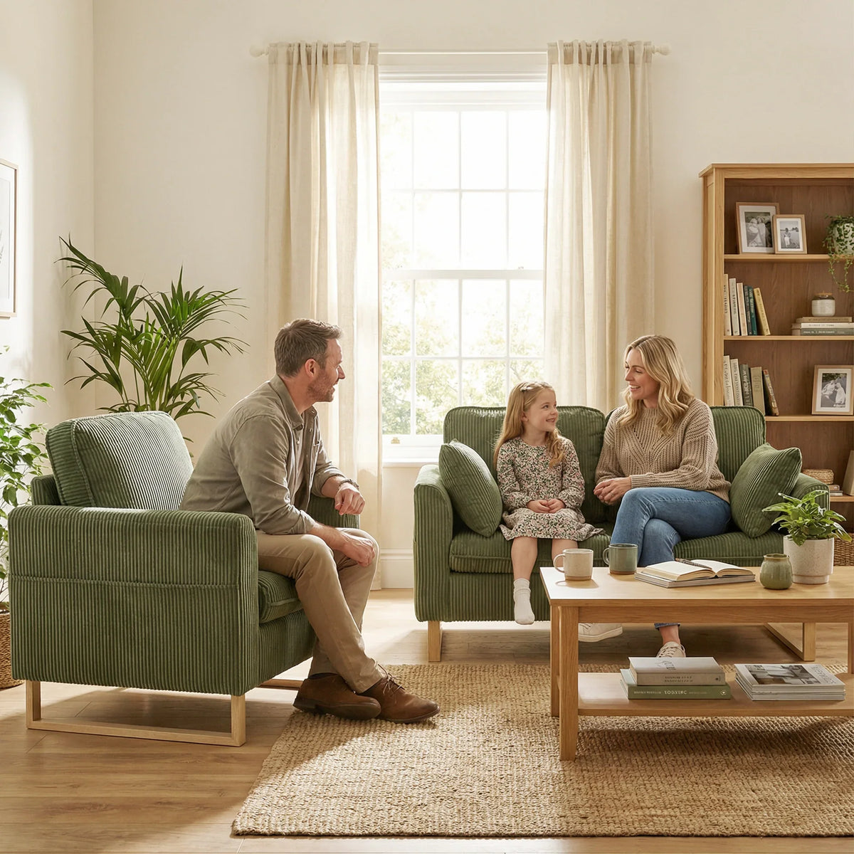 Dark green corduroy accent armchair for living room seating, side-by-side view