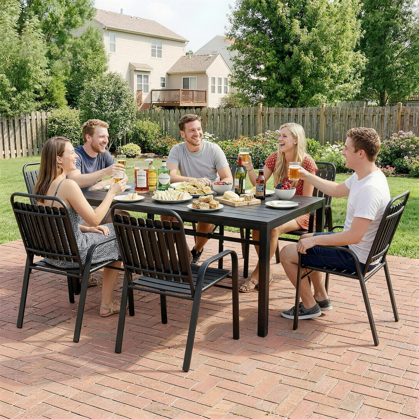 Outsunny 7 Piece Outdoor Dining Set With Umbrella Hole For 6 People Metal Table And Stackable Chairs