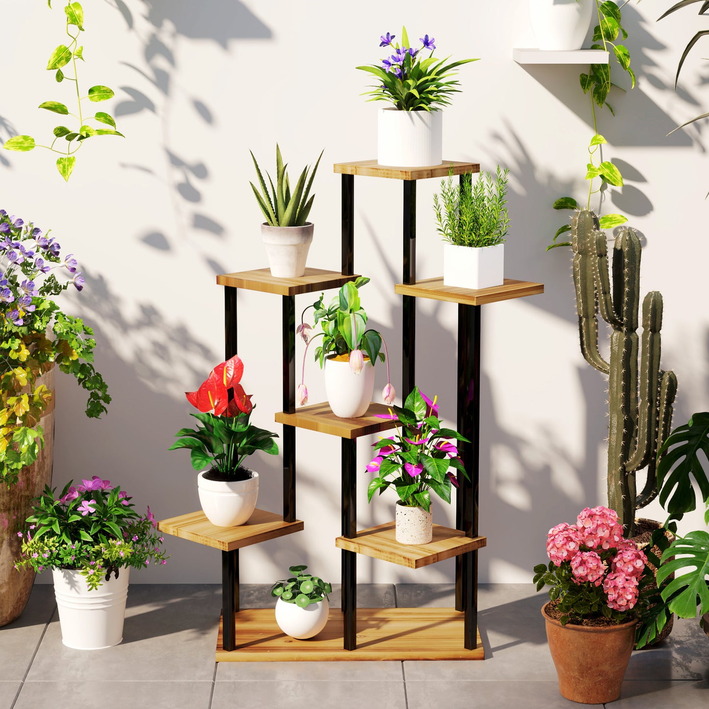 Outsunny Seven Shelf Wooden Plant Stand For Corner Decor With Staggered Shelves Holds Seven Plants