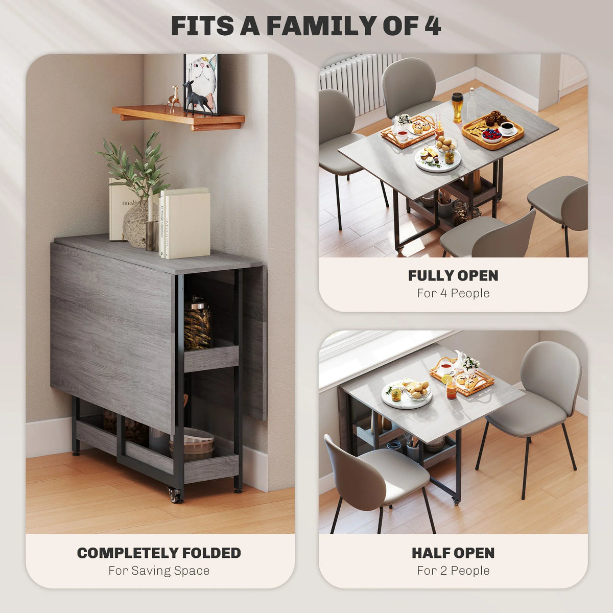 Grey wood-effect drop-leaf dining table showing folded, half-open, and fully open use