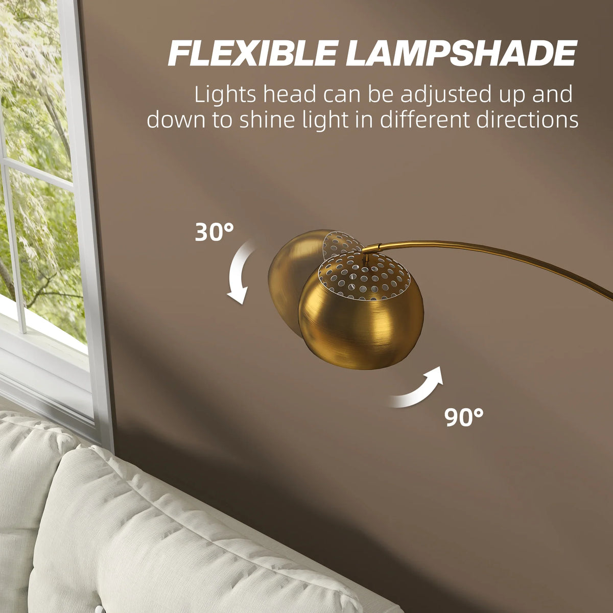 Gold arc floor lamp with adjustable bell shade for angled light