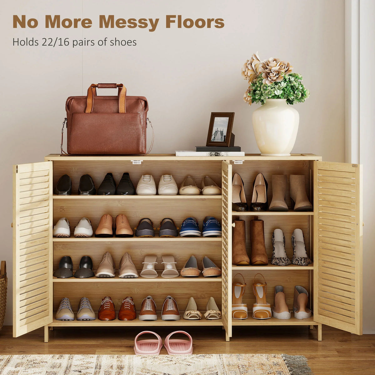 Bamboo shoe cabinet with louvered doors and stocked open interior shelves