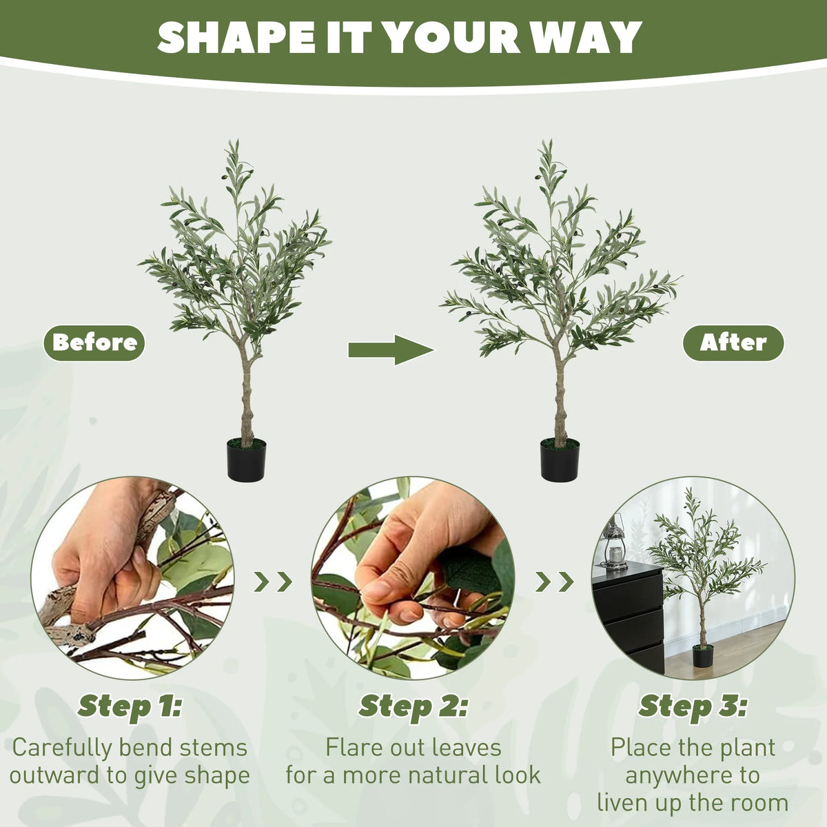 Artificial olive tree with bendable stems in black pot, before and after styling