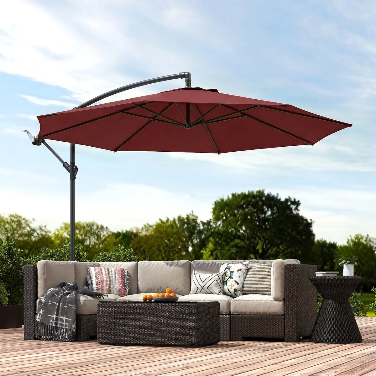 Wine red cantilever patio parasol with cross base, fully open