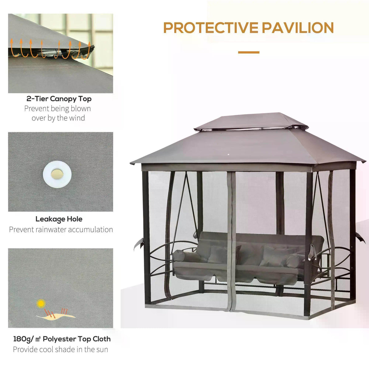 Grey swing bed canopy pavilion with mesh panels and cushioned three-seat bench