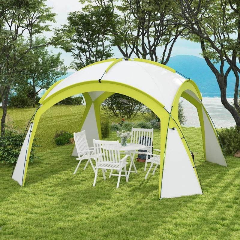 Green and white dome camping gazebo with open front and framed support legs
