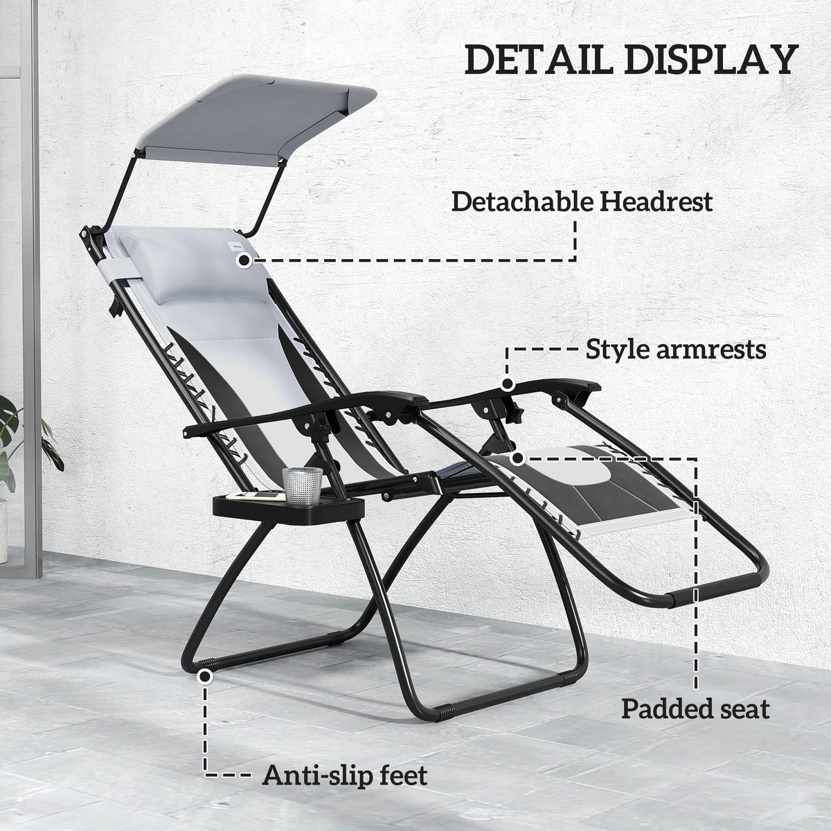 Zero-gravity patio lounge chair with detachable headrest, padded seat, anti-slip feet