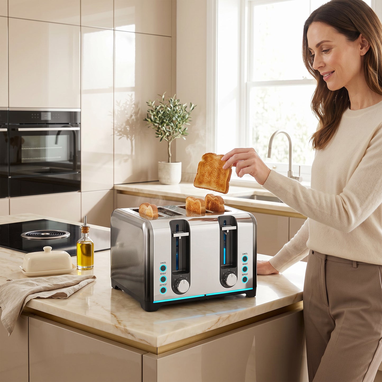 HOMCOM 4 Slice Toaster with 7 Browning Levels Reheat Defrost and Cancel Functions for Even Toasting