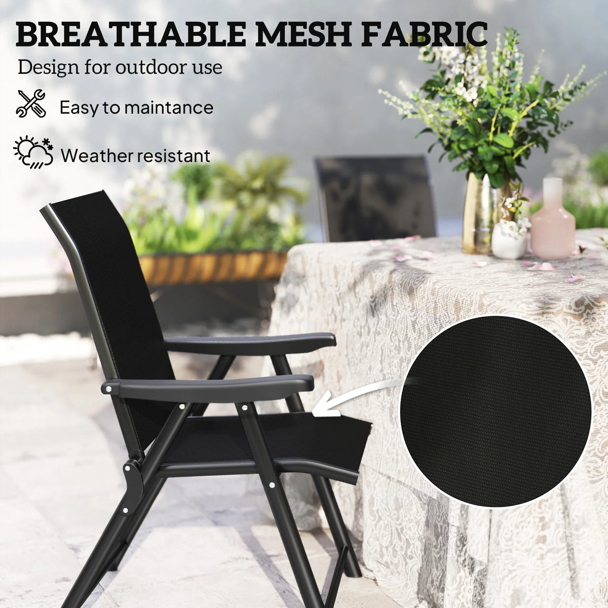 Black folding outdoor chair with breathable mesh backrest and mesh seat