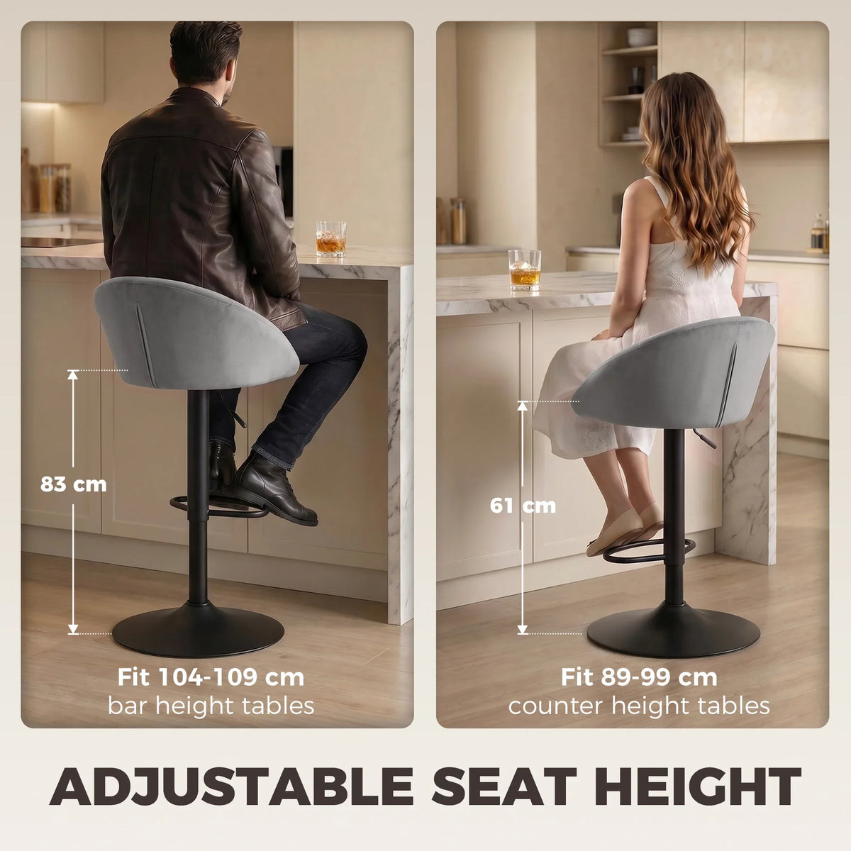 Adjustable bar stool with light gray seat, curved back, and black height-control pedestal