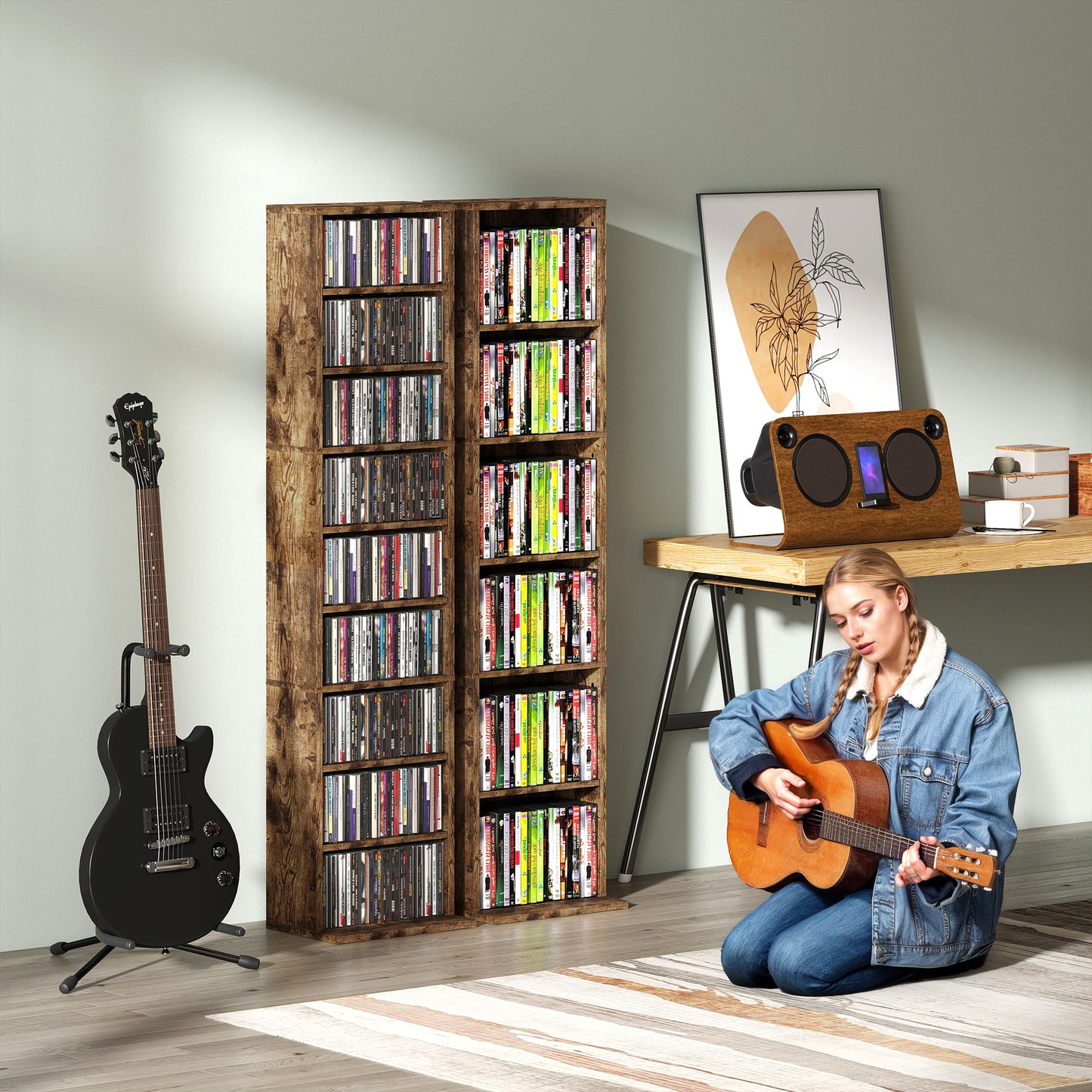 HOMCOM 260 Narrow CD Storage Unit Rustic Brown With Six Adjustable Shelves Holds Up To 260 CDs Or 120 DVDs Anti Tip