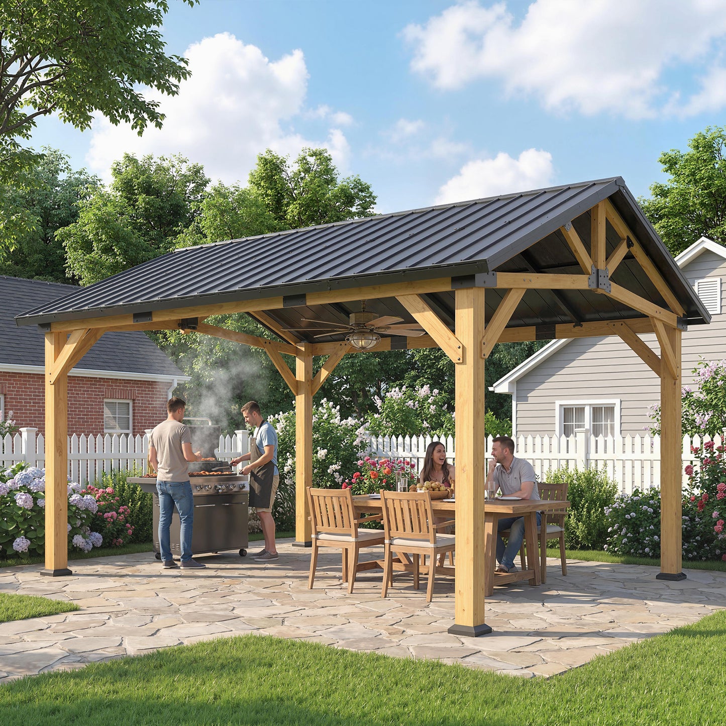 Outsunny 3.5x4m Hardtop Gazebo with Galvanised Metal Roof Fir Wood Frame Hook for Patio and Garden Black Gray
