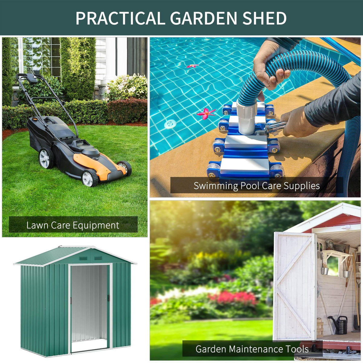 Green metal garden shed with open double sliding doors for outdoor tool storage