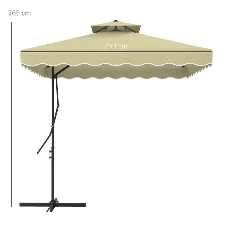 Beige square double-top cantilever parasol with ruffled edge and tall pole