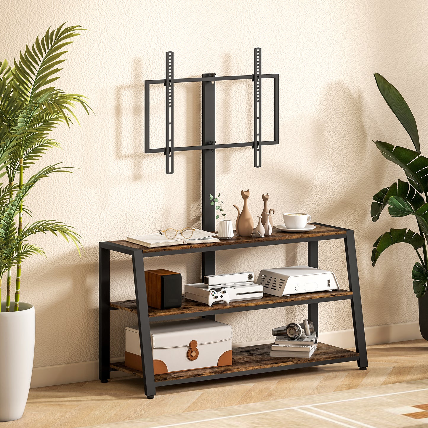 HOMCOM Industrial Style TV Stand With 35 Degree Swivel Bracket For 32 To 70 Inch TVs Dark Brown Steel Frame