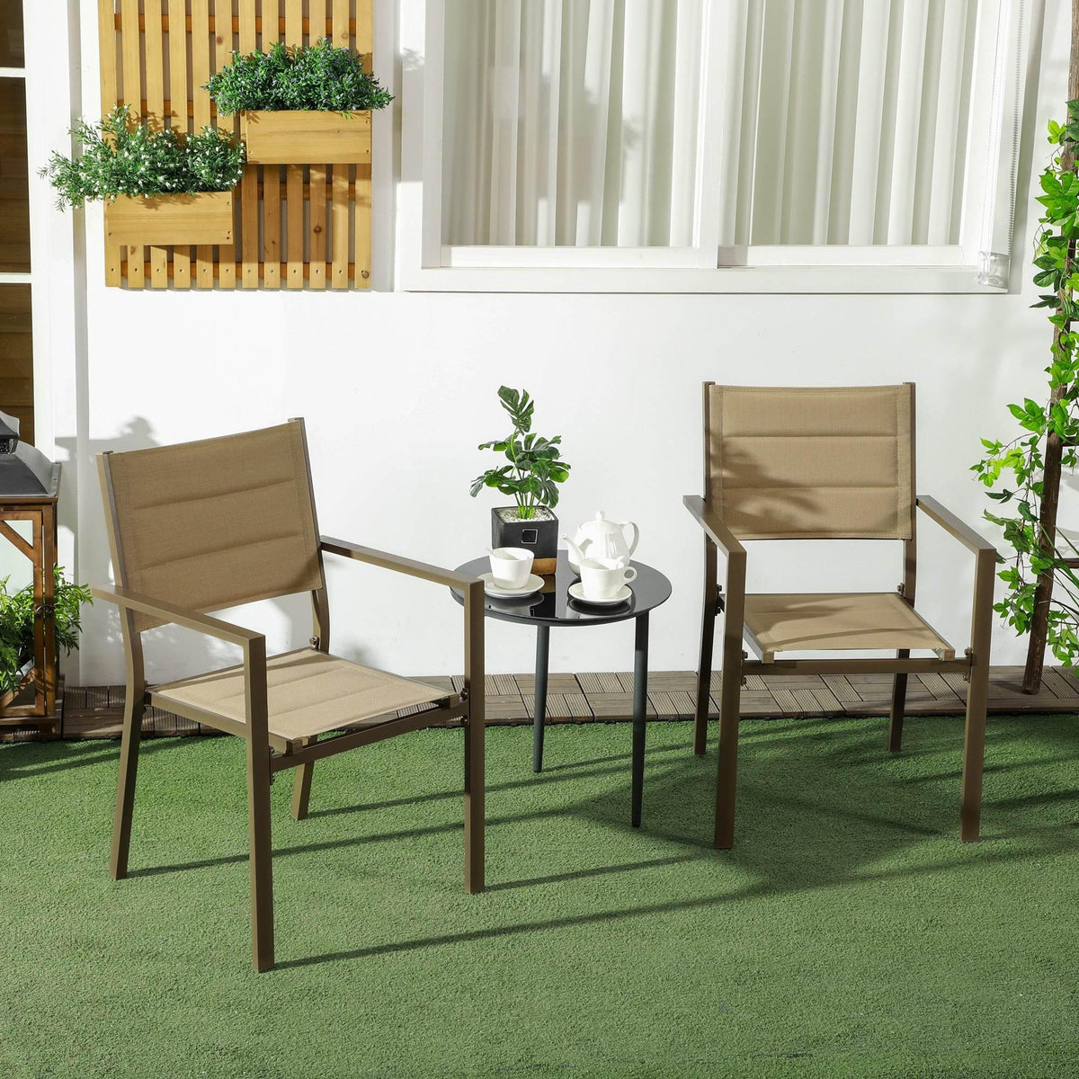 Set of 2 stacking garden chairs with khaki mesh seat and back, dark frame