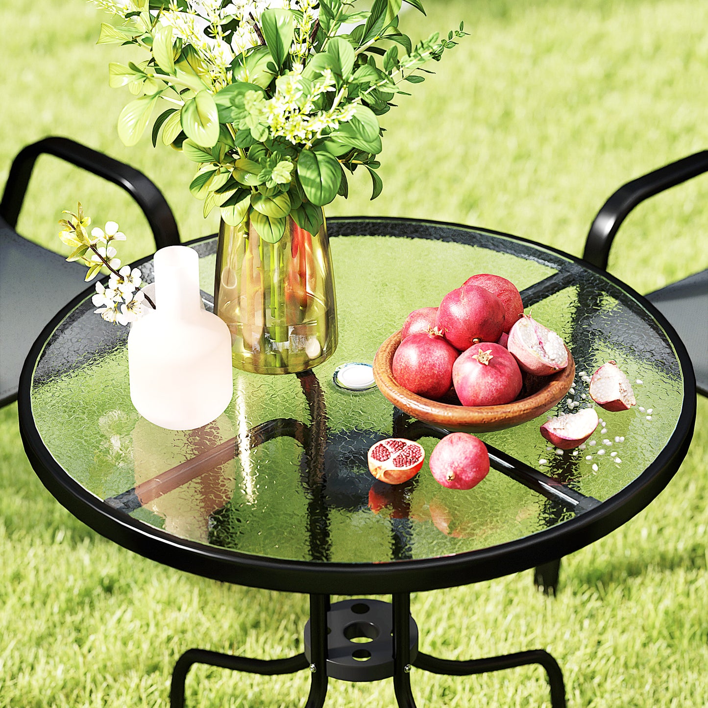 Outsunny Five-Piece Outdoor Steel Patio Set With Round Glass-Top Table And Four Stackable Chairs In Dark Grey
