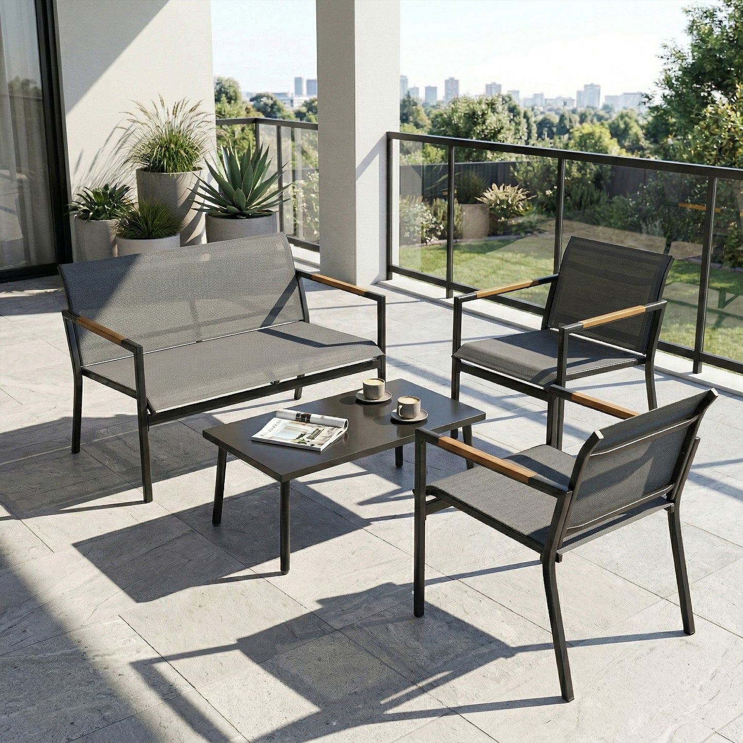 Outsunny 4 Seater Outdoor Garden Furniture Set With Loveseat Armchairs Table Metal Frame Grey Breathable Seats