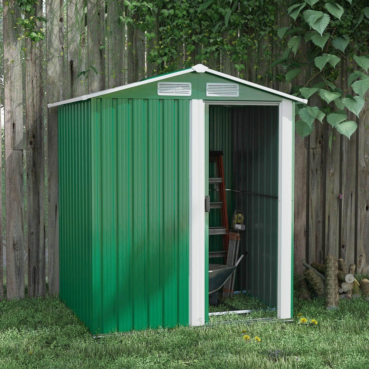 Green outdoor metal storage shed with sliding door and sloped roof, side view