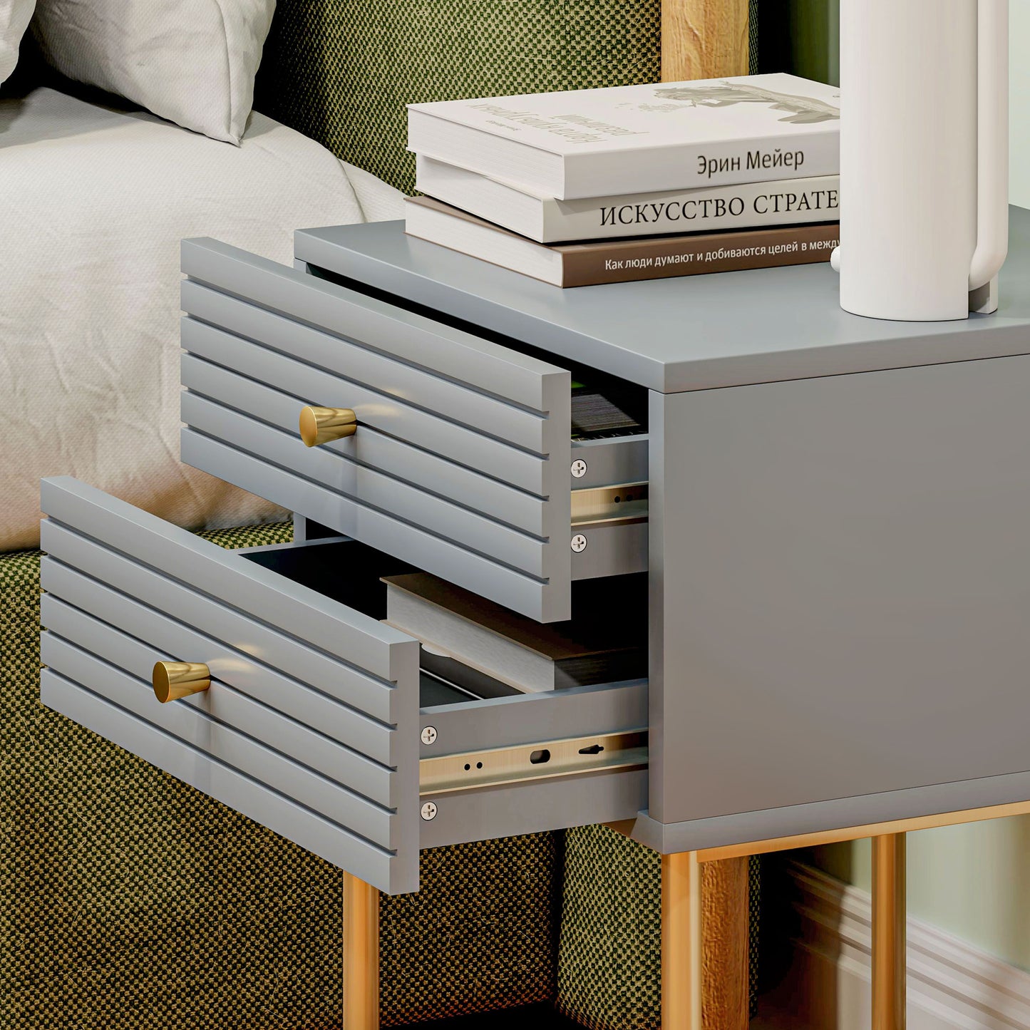 HOMCOM Set Of Two Elegant Bedside Tables With Grey Boxy Frames And Gold Tone Accents Having Two Drawers