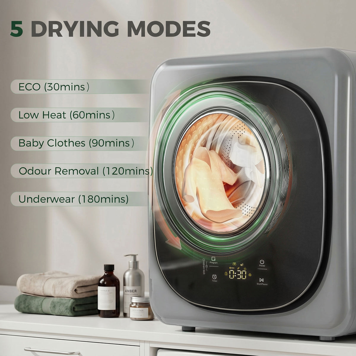 Front-loading tumble dryer with circular drum window and laundry inside