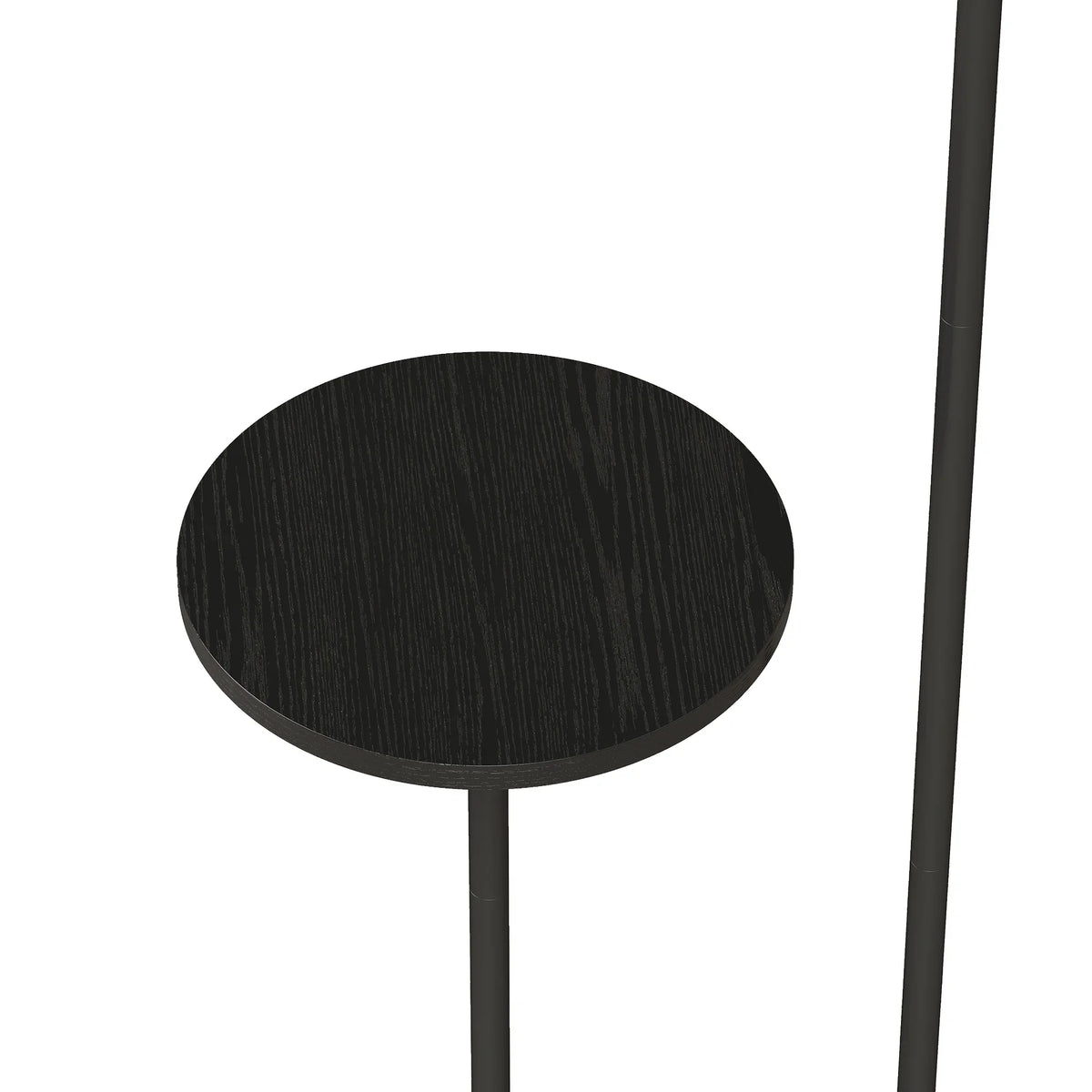 Round black side shelf top for a floor lamp with curved stand