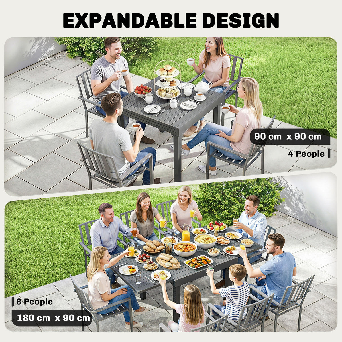 Dark grey outdoor extending garden table with slatted top for family dining groups