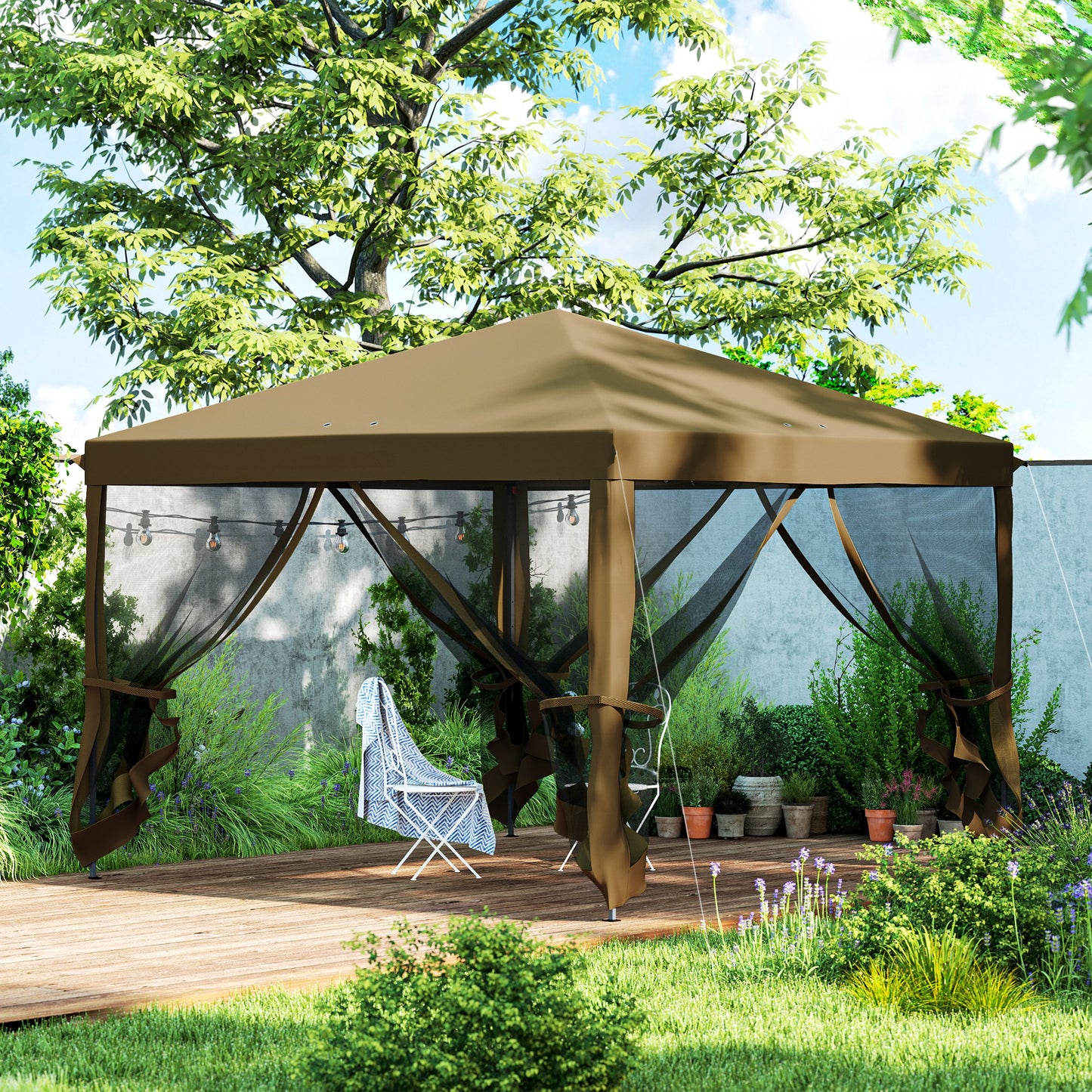 Outsunny 3x3m Pop Up Gazebo With 420D Canopy, Removable Mesh Sidewalls, Carry Bag, Garden Patio Outdoor Khaki