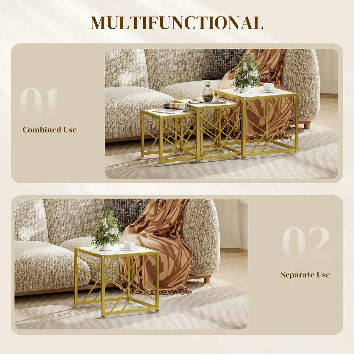 Set of 3 nesting tables with white tops; gold metal lattice frames for combined or separate use