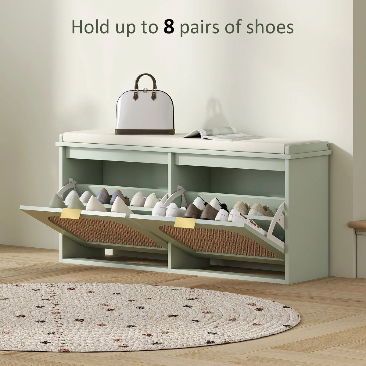 Light green shoe bench with open shoe compartments, holds up to 8 pairs