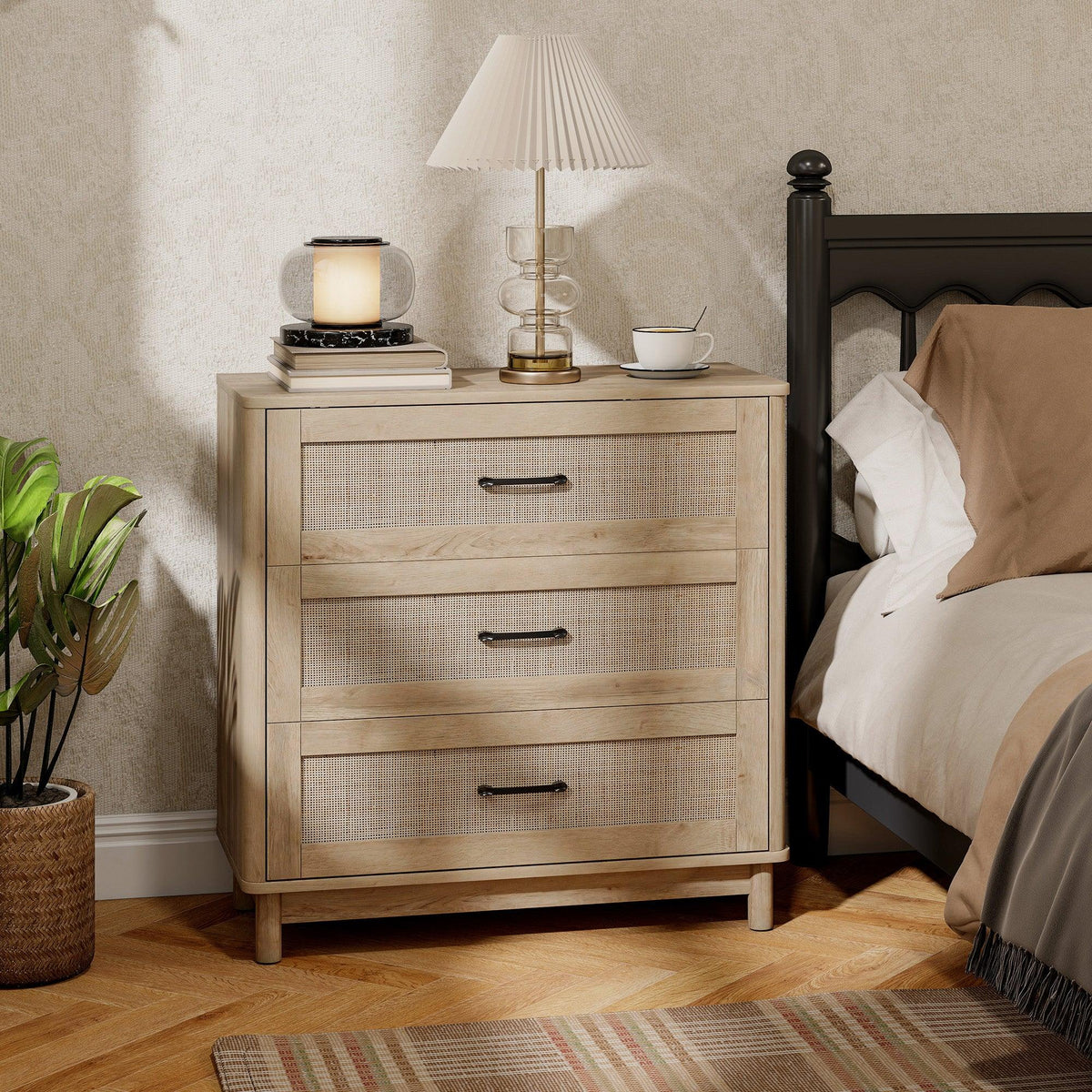 Light oak three-drawer chest with rattan-look fronts and black metal pulls