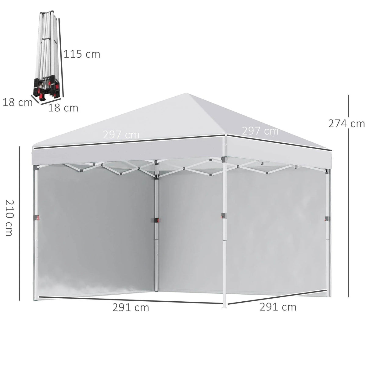White 3x3 pop-up gazebo with two sidewall panels; top canopy and frame shown with dimensions.