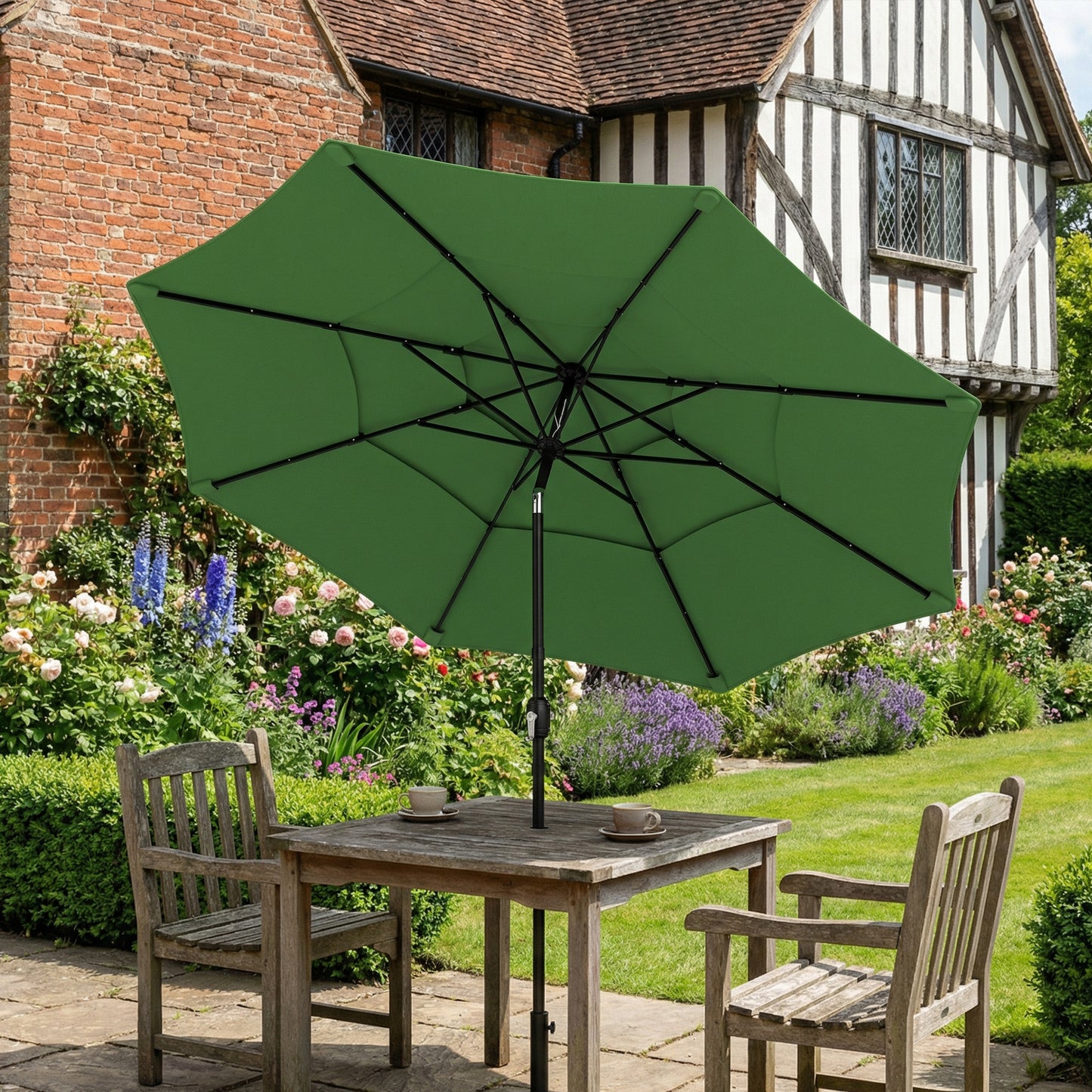 Outsunny Garden Parasol With 3 Tier Roof And Crank Handle Tilt Function Polyester Canopy In Green