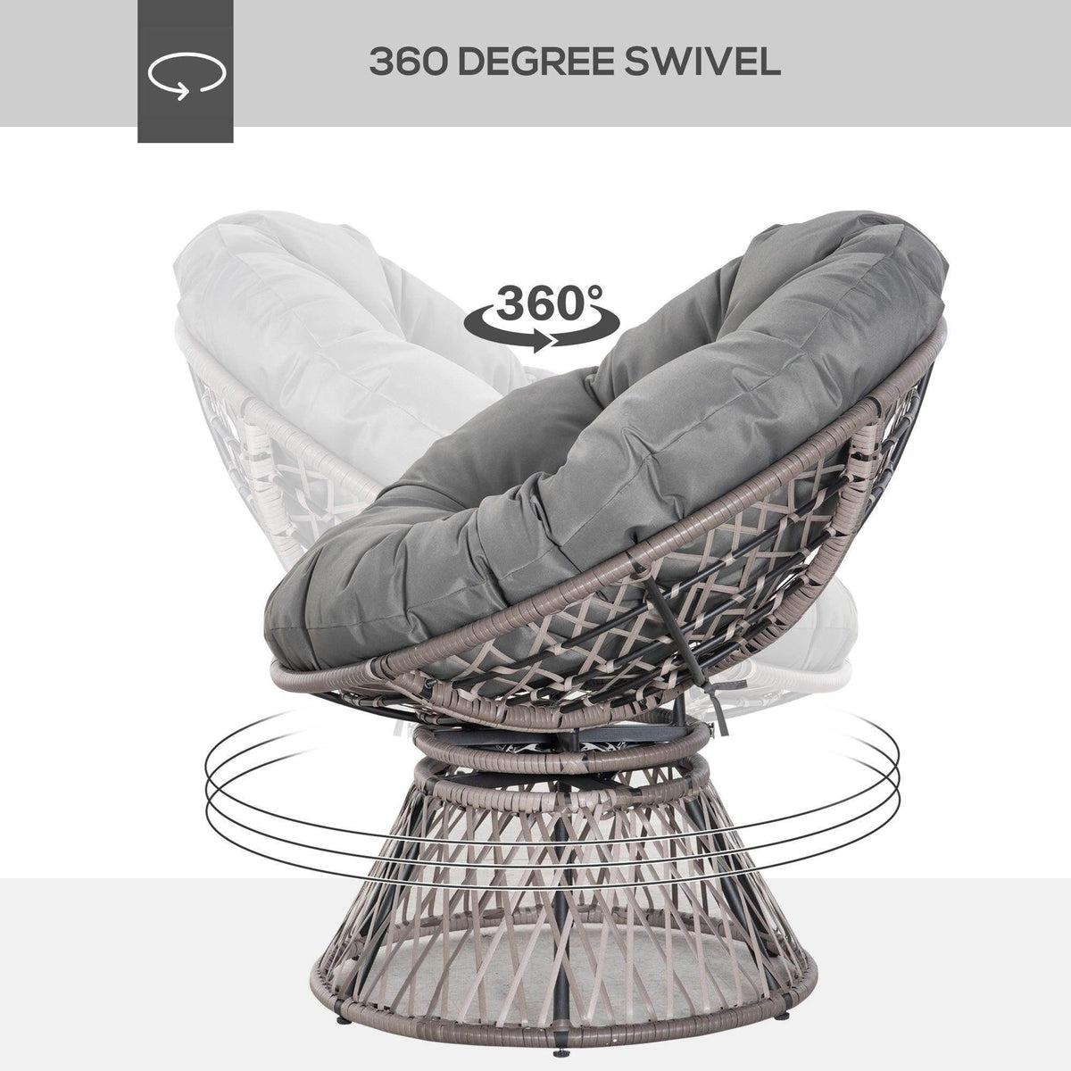 360° swivel papasan-style rattan chair with thick gray cushion and woven base