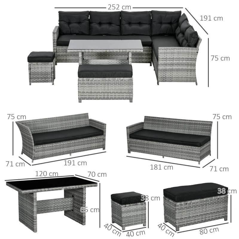 Measured diagram of grey rattan patio set: corner sofa, footstools, glass coffee table