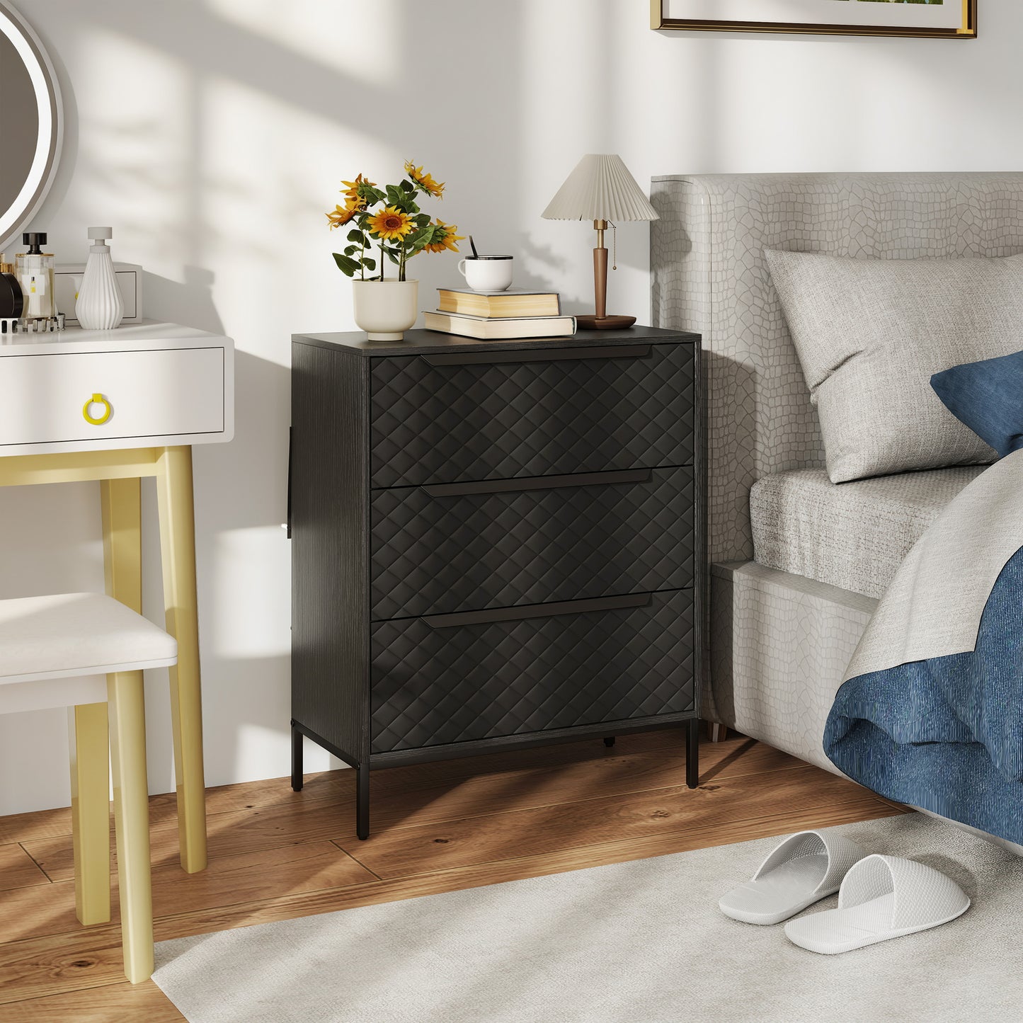 HOMCOM Chest Of Drawers With 3 Fabric Drawers And Aluminium Handles Black Modern Bedroom Storage