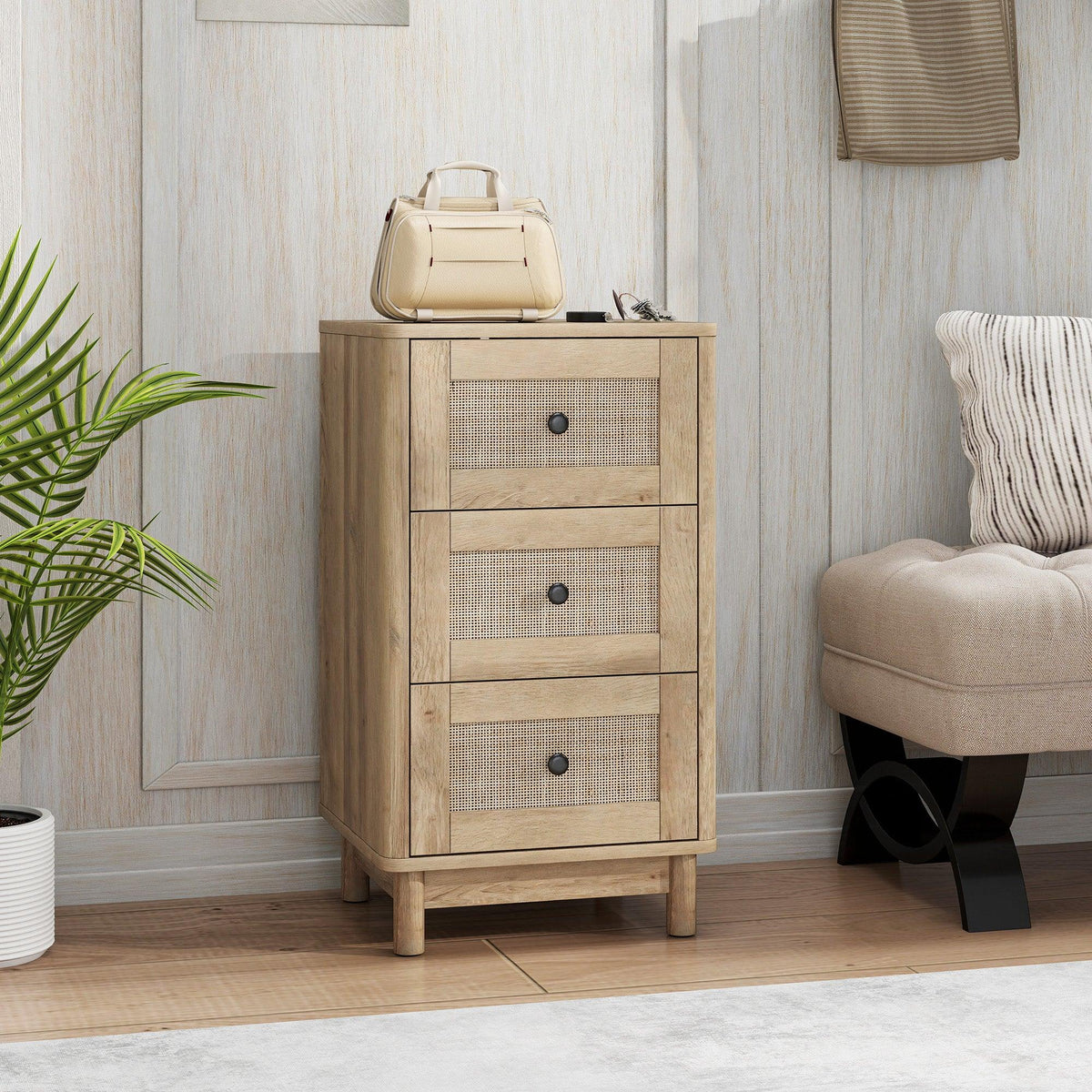 Light oak 3-drawer chest with woven rattan-style fronts and round metal knobs